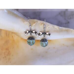 Handmade Blue Faceted Glass Sphere Silver Earrings with Dainty Bows